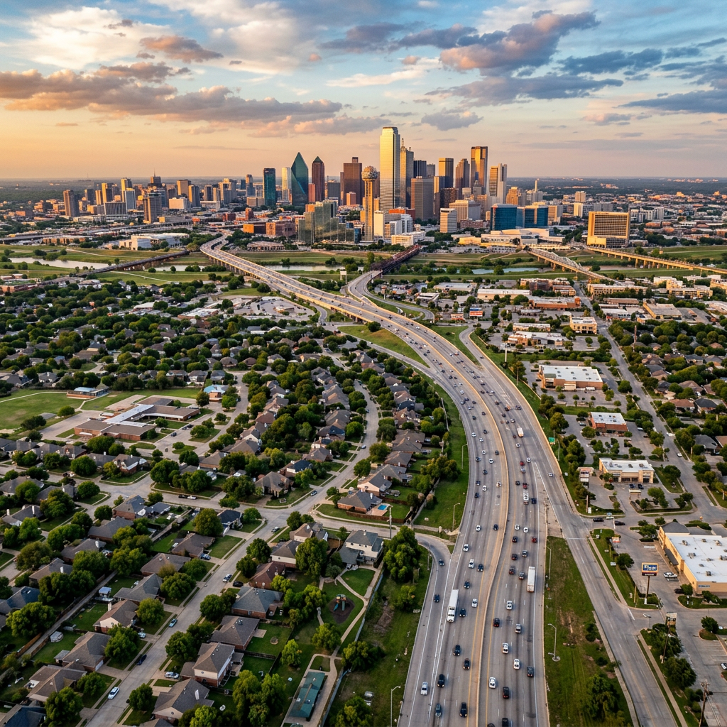 Aerial view of Dallas skyline with highways and residential areas
