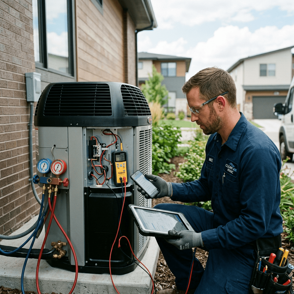 HVAC technician testing air conditioning unit with tablet and multimeter